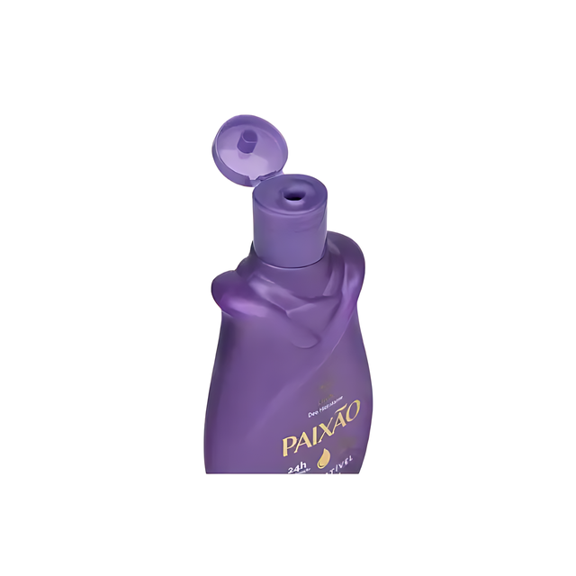 Paixão Irresistível Flor de Lis – close‑up of open translucent purple flip‑top cap showing the dispenser against a white backdrop – Buy now at MKPBR.COM – Worldwide Shipping