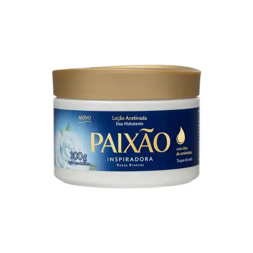 Closed 300g jar of Paixão Inspiradora Rosas Brancas Loção Acetinada Deo Hidratante isolated on a white background. — Buy now at MKPBR.COM – Worldwide Shipping