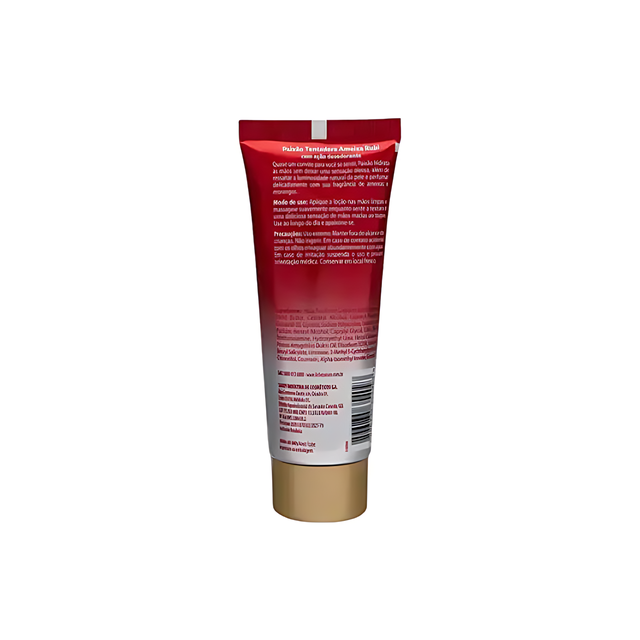 Close-up of the back of Paixão Tentadora Ruby Plum Hand Cream 2.5 fl oz (75 g) tube, showing product details, ingredients list, and warnings – Buy now at MKPBR.COM – Worldwide Shipping