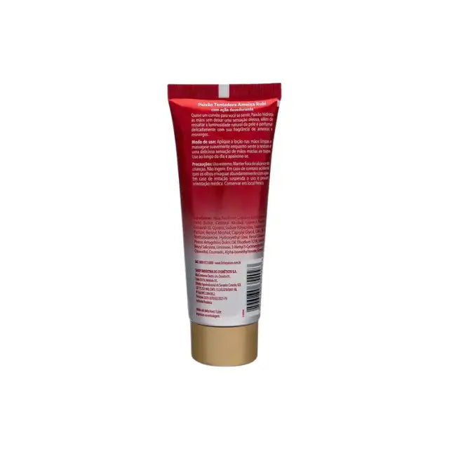 Close-up of the back of Paixão Tentadora Ruby Plum Hand Cream 2.5 fl oz (75 g) tube, showing product details, ingredients list, and warnings – Buy now at MKPBR.COM – Worldwide Shipping