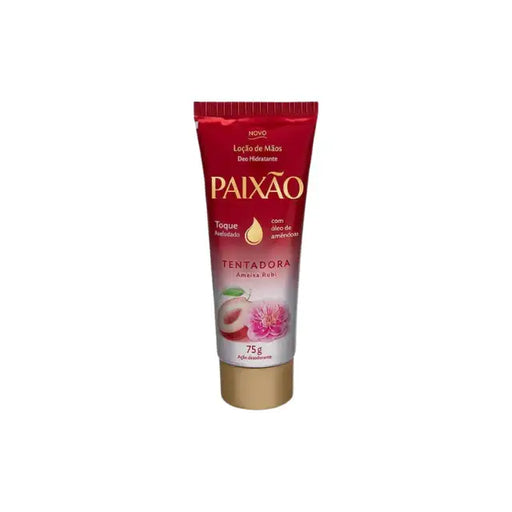 A single tube of Paixão Tentadora Ruby Plum hand cream with a gold cap is isolated on a pure white background, clearly displaying the "Paixão" brand name, "Toque Aveludado" (Velvety Touch), and "Ameixa Rubi" (Ruby Plum) details – Buy now at MKPBR.COM – Worldwide Shipping