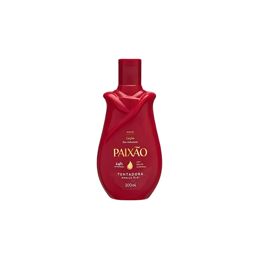 Paixão Tentadora Ameixa Rubi Deodorant Hydrating Body Lotion 200ml with Almond Oil – clean front bottle on white background, elegant curved red bottle – Buy now at MKPBR.COM – Worldwide Shipping