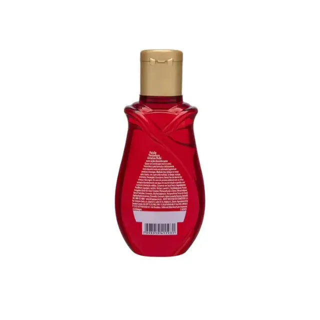 Paixão Tempting Ruby Plum body oil, 3.38 fl oz (100 mL), back label with usage and ingredients. Buy now at MKPBR.COM – Worldwide Shipping