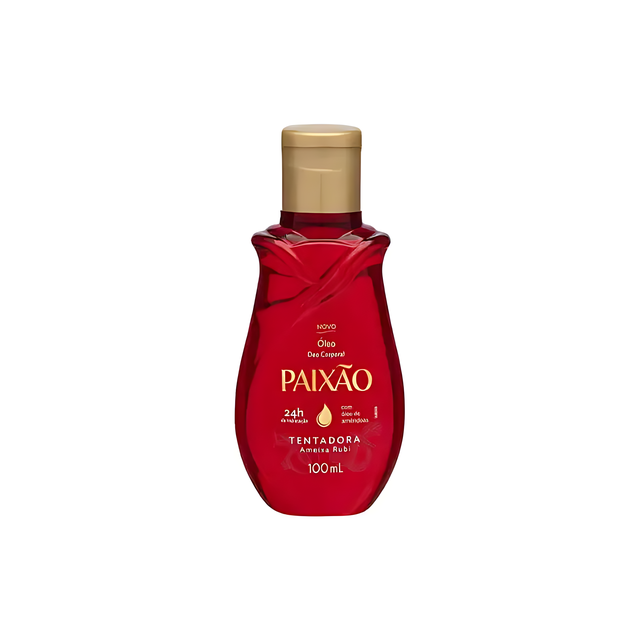Paixão Tempting Ruby Plum deodorant body oil, 3.83 fl oz (100 mL), single bottle front on white. Buy now at MKPBR.COM – Worldwide Shipping