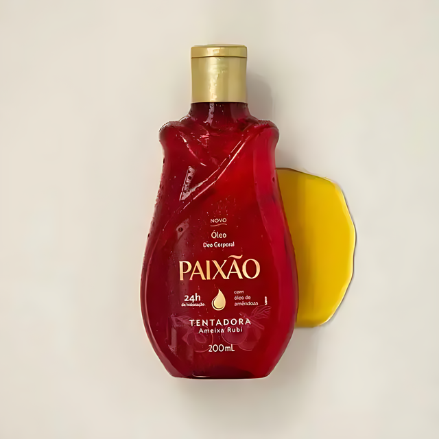 Paixão Tempting Ruby Plum body oil, 6.76 fl oz (200 mL), almond oil showcase. Buy now at MKPBR.COM – Worldwide Shipping