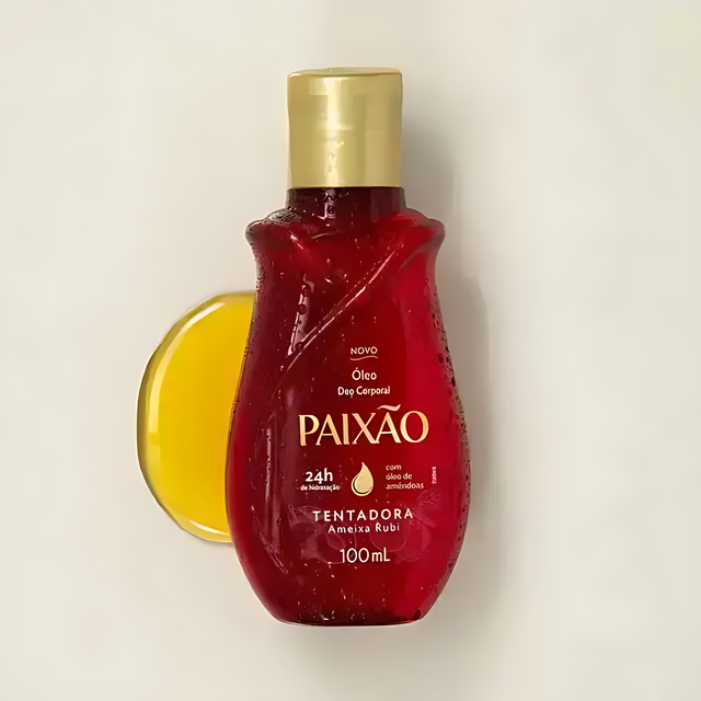 Paixão Tempting Ruby Plum body oil, 6.76 fl oz (200 mL), almond oil showcase. Buy now at MKPBR.COM – Worldwide Shipping