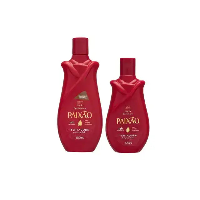 Paixão Tempting Ruby Plum deodorant body lotion, 200mL and 400mL bottle comparasion. Buy now at MKPBR.COM – Worldwide Shipping