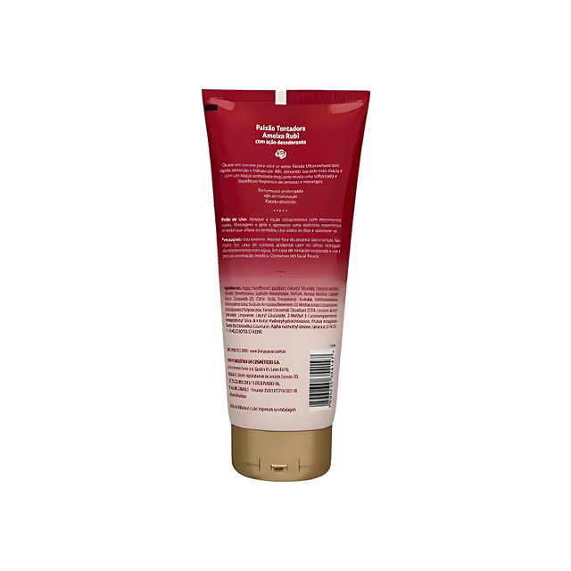 Back-of-pack label of Paixão Tentadora Ultracremosa body lotion showing directions and ingredients in a clear close-up. Buy now at MKPBR.COM – Worldwide Shipping