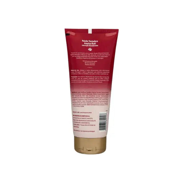 Back-of-pack label of Paixão Tentadora Ultracremosa body lotion showing directions and ingredients in a clear close-up. Buy now at MKPBR.COM – Worldwide Shipping