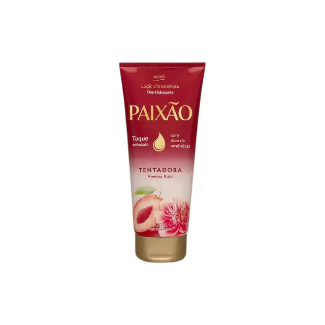  Front view of Paixão Tentadora Ultracremosa Deo Hidratante lotion tube in red with gold accents highlighting ruby plum and almond oil. Buy now at MKPBR.COM – Worldwide Shipping