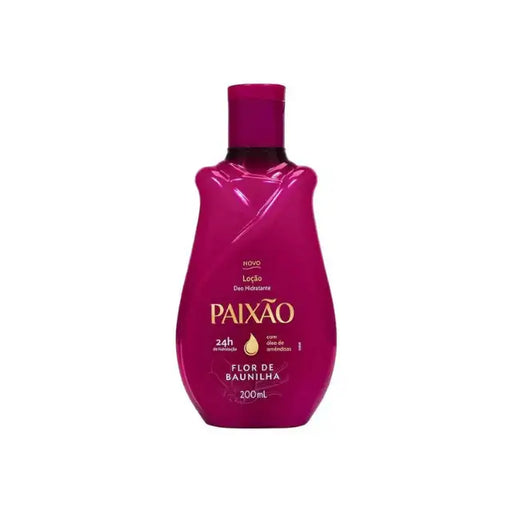 Paixao Vanilla Flower deodorant moisturizing lotion with almond oil, 200 ml bottle, front on white background. Buy now at MKPBR.COM – Worldwide Shipping