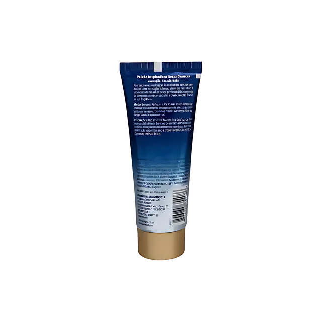 Back label of Paixão White Roses Hand Cream 2.5 fl oz (75 g), with usage instructions and ingredients clearly visible – Buy now at MKPBR.COM – Worldwide Shipping