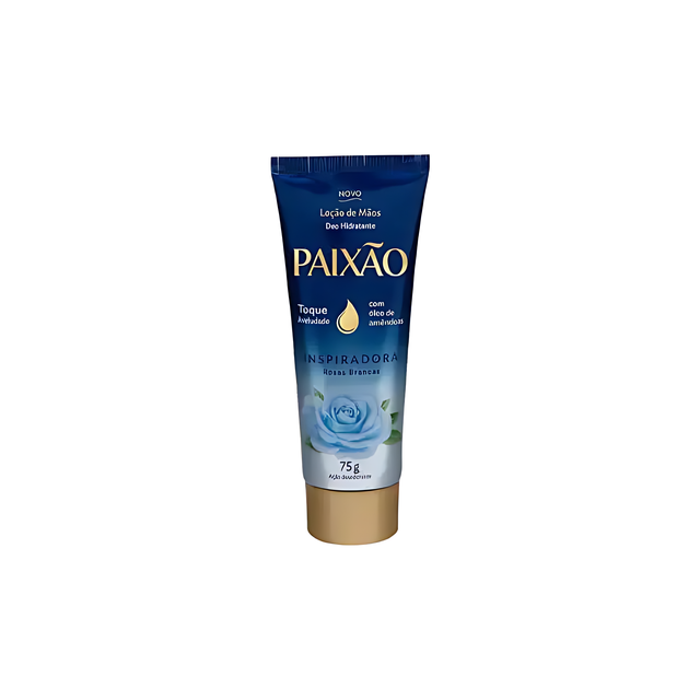 Paixão White Roses Hand Cream 2.5 fl oz (75 g) tube, elegant front view with white rose illustration and almond oil – Buy now at MKPBR.COM – Worldwide Shipping