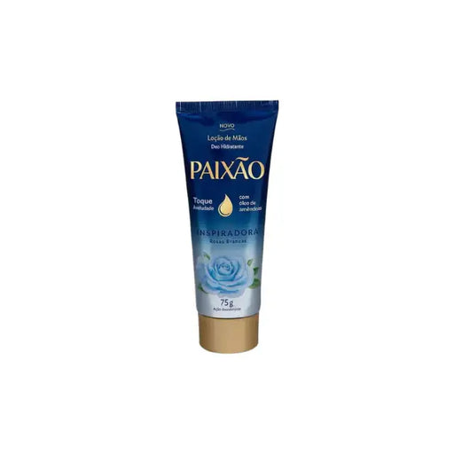 Paixão White Roses Hand Cream 2.5 fl oz (75 g) tube, elegant front view with white rose illustration and almond oil – Buy now at MKPBR.COM – Worldwide Shipping