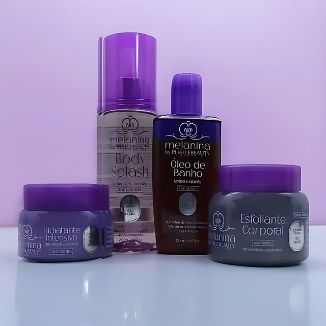 Phállebeauty Melanina Kit with Exfoliant, Bath Oil, Moisturizer, Body Splash – Buy now at MKPBR.COM – Worldwide Shipping
