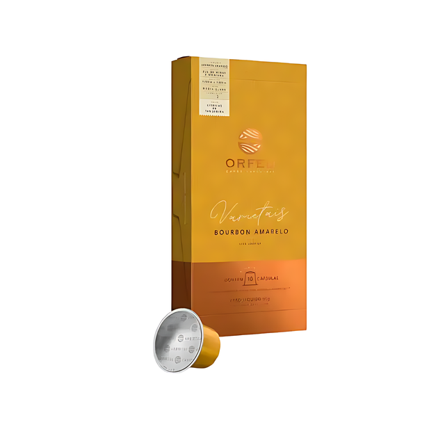 Orfeu Bourbon Amarelo Espresso Capsules – 100% Arabica, Medium-Light Roast – 10 Count, 1.76 oz (50g) – Orfeu Bourbon Amarelo box and a single capsule on a clean white background, emphasizing product clarity and the ideal quantity for a single user. – Buy now at MKPBR.COM – Worldwide Shipping