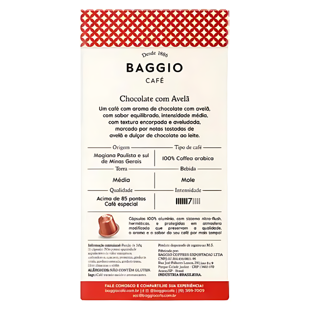 Baggio Café Chocolate Hazelnut coffee capsules with ingredients, emphasizing 100% Arabica beans from Brazil. – Buy now at MKPBR.COM – Worldwide Shipping
