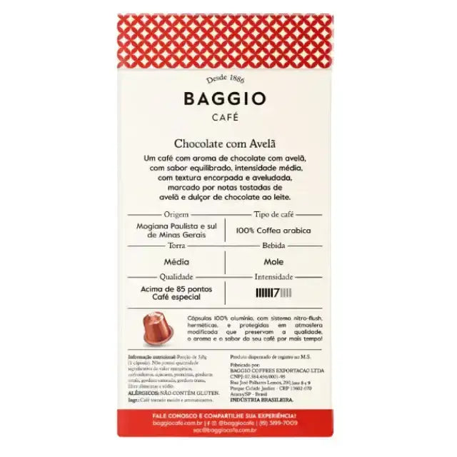 Baggio Café Chocolate Hazelnut coffee capsules with ingredients, emphasizing 100% Arabica beans from Brazil. – Buy now at MKPBR.COM – Worldwide Shipping
