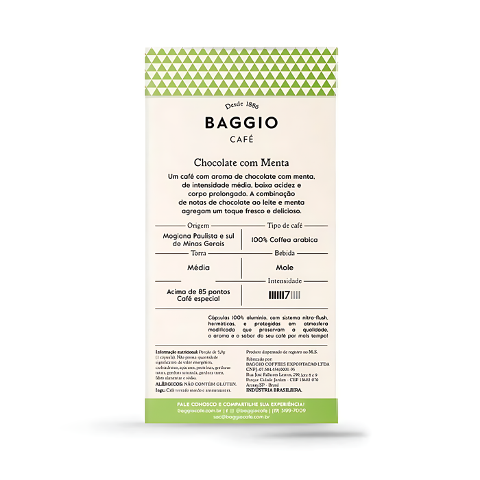Brazilian specialty coffee, Baggio Café Chocolate Mint Nespresso compatible capsules, renowned for flavor. – Buy now at MKPBR.COM – Worldwide Shipping