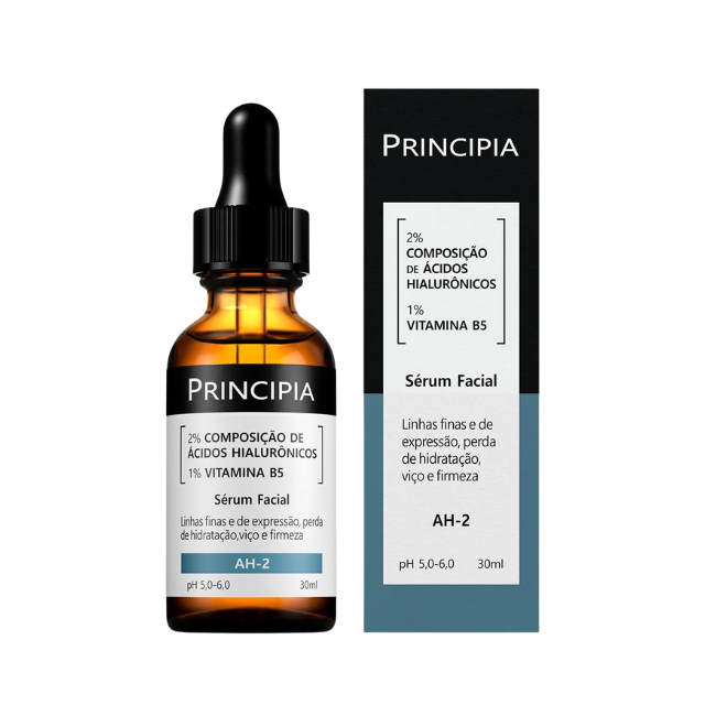 Principia AH-2 Hyaluronic Acid Serum 2% + Vitamin B5 1% for Hydration & Plumping Care, 1.01 fl oz (30 mL) front bottle view – Buy now at MKPBR.COM – Worldwide Shipping