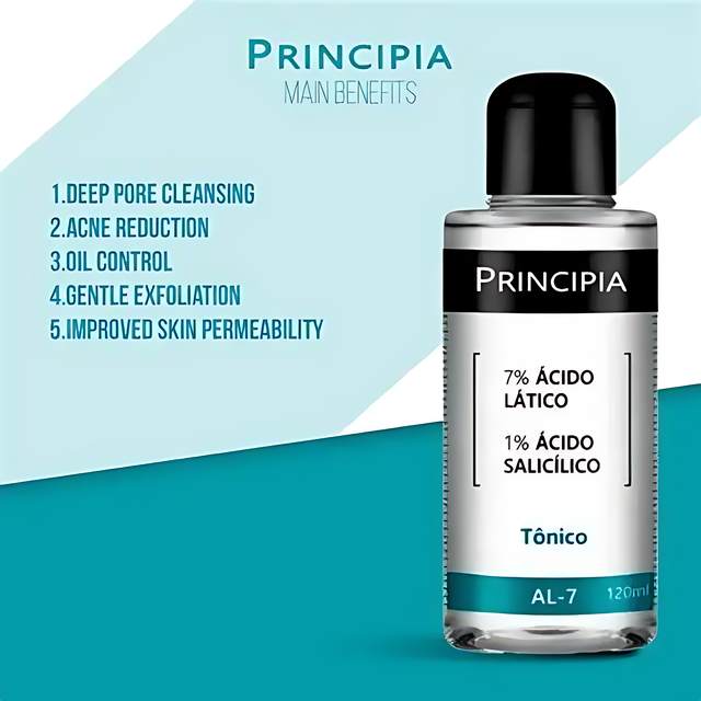 Principia AL-07 Exfoliating Toner with Lactic Acid 7% + Salicylic Acid 1% for Oil Control & Texture Care, 4.06 fl oz (120 mL) minimalist studio shot – Buy now at MKPBR.COM – Worldwide Shipping