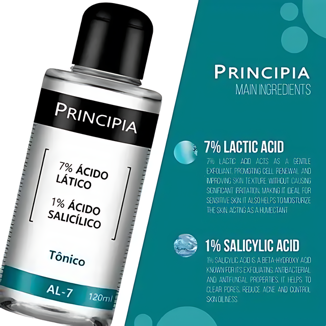 Principia AL-07 Exfoliating Toner with Lactic Acid 7% + Salicylic Acid 1% for Oil Control & Texture Care, 4.06 fl oz (120 mL) skincare flat lay – Buy now at MKPBR.COM – Worldwide Shipping