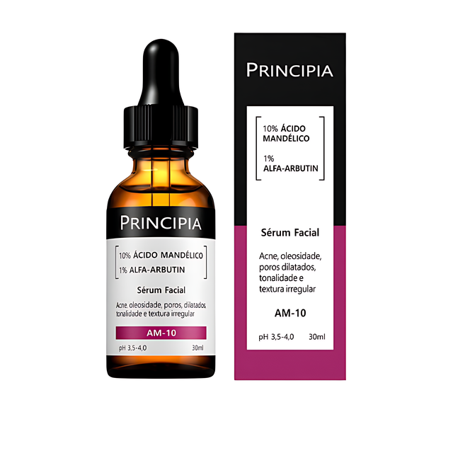 Principia AM-10 Mandelic Acid Serum 10% + Alpha Arbutin 1% for Dark Spot & Oil Control Care, 1.01 fl oz (30 mL) front bottle view – Buy now at MKPBR.COM – Worldwide Shipping
