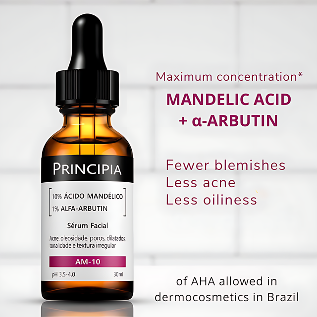 Principia AM-10 Mandelic Acid Serum 10% + Alpha Arbutin 1% for Dark Spot & Oil Control Care, 1.01 fl oz (30 mL) skincare flat lay – Buy now at MKPBR.COM – Worldwide Shipping