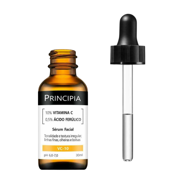 Principia C-10 Vitamin C Serum 10% + Ferulic Acid 0.5% for Brightening & Fine Line Care, 1.01 fl oz (30 mL) dropper detail – Buy now at MKPBR.COM – Worldwide Shipping