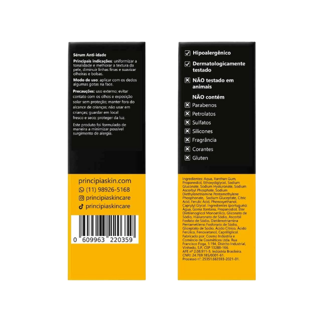 Principia C-10 Vitamin C Serum 10% + Ferulic Acid 0.5% for Brightening & Fine Line Care, 1.01 fl oz (30 mL) label detail highlighting actives – Buy now at MKPBR.COM – Worldwide Shipping