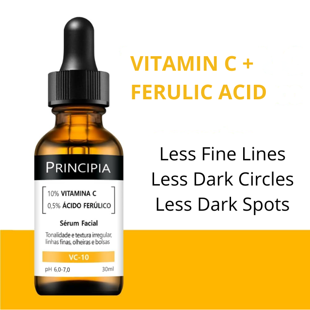 Principia C-10 Vitamin C Serum 10% + Ferulic Acid 0.5% for Brightening & Fine Line Care, 1.01 fl oz (30 mL) skincare flat lay – Buy now at MKPBR.COM – Worldwide Shipping