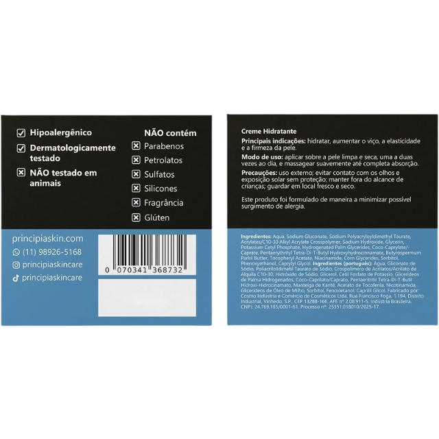 Principia CH-01 Face Moisturizer with Shea Butter 5% + Glycerin 5% + Niacinamide 2% for Hydration & Firmness Care, 1.76 oz (50 g) label detail highlighting actives – Buy now at MKPBR.COM – Worldwide Shipping