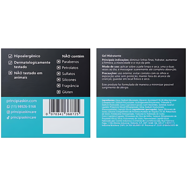 Principia GH-01 Hydrating Face Gel with Hyaluronic Acids 1% + Glycerin 5% for Lightweight Hydration & Fine Line Care, 1.76 oz (50 g) label detail highlighting actives – Buy now at MKPBR.COM – Worldwide Shipping