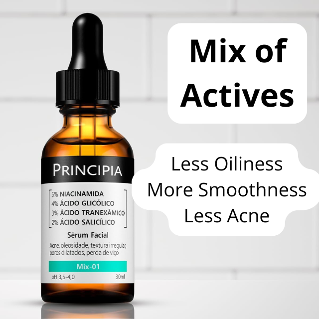 Principia Mix-01 Multi-Acid Serum for Oil Control & Blemish-Prone Skin, 1.01 fl oz (30 mL) on clean countertop lifestyle shot – Buy now at MKPBR.COM – Worldwide Shipping