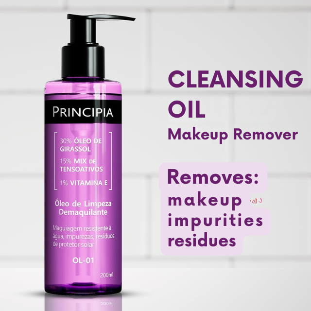 Principia OL-01 Makeup Removing Cleansing Oil with Sunflower Oil 30% + Vitamin E 1%, 6.76 fl oz (200 mL) double cleanse flat lay – Buy now at MKPBR.COM – Worldwide Shipping