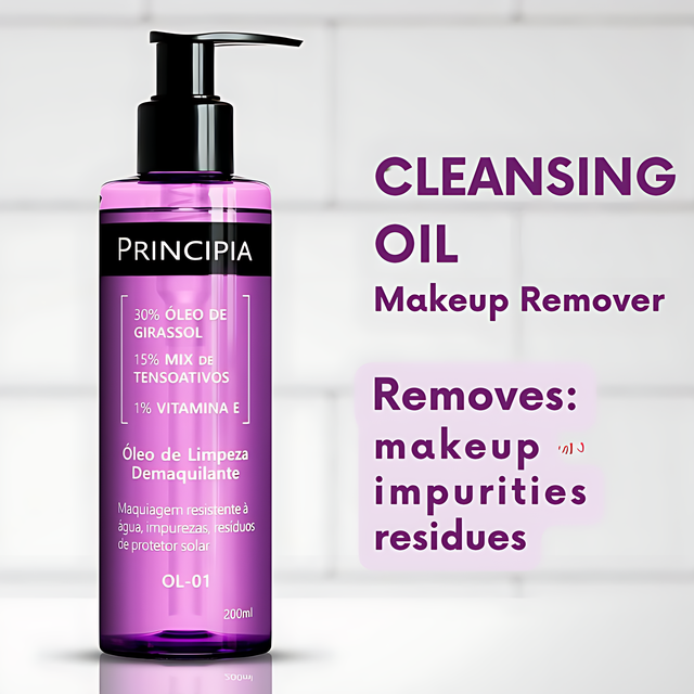 Principia OL-01 Makeup Removing Cleansing Oil with Sunflower Oil 30% + Vitamin E 1%, 6.76 fl oz (200 mL) double cleanse flat lay – Buy now at MKPBR.COM – Worldwide Shipping