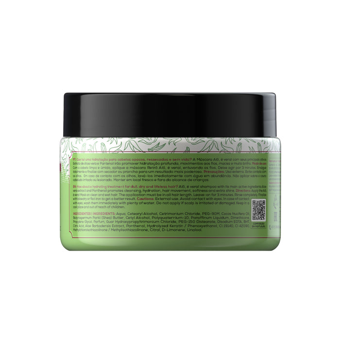 Retrô Cosméticos Alô, É Vera! Aloe Vera Rebuilding Hair Mask 300 g jar back label with ingredient list – Buy now at MKPBR.COM – Worldwide Shipping