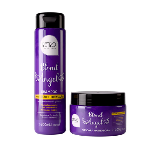 Retrô Cosméticos Blond Angel Toning Kit showing the 300 ml violet shampoo bottle next to the 300 g toning mask jar – Buy now at MKPBR.COM – Worldwide Shipping