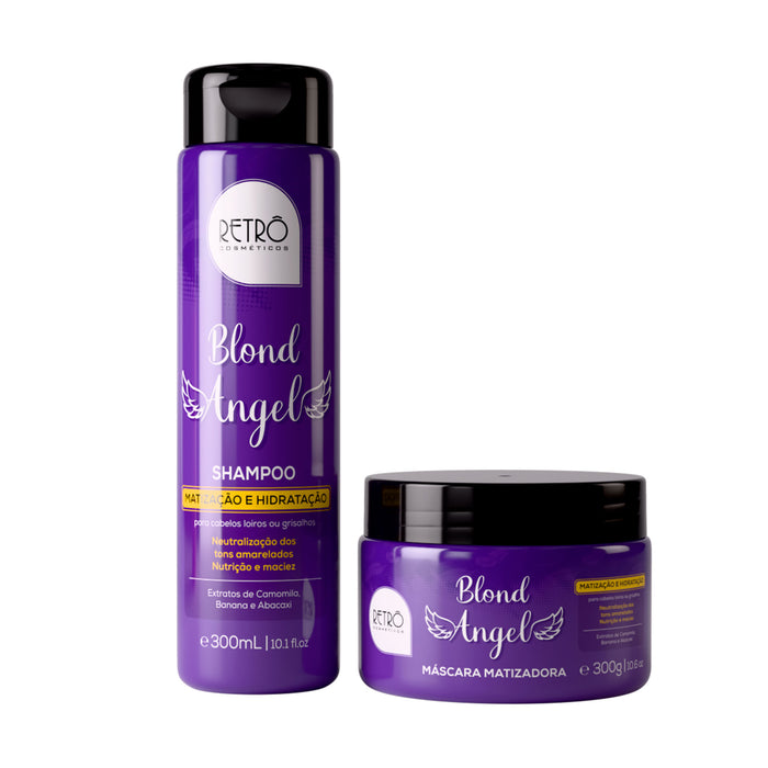 Retrô Cosméticos Blond Angel Toning Kit showing the 300 ml violet shampoo bottle next to the 300 g toning mask jar – Buy now at MKPBR.COM – Worldwide Shipping
