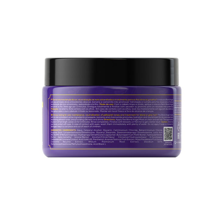 Back label of Retrô Cosméticos Blond Angel Toning Hair Mask 300 g jar showing directions and full INCI ingredient list – Buy now at MKPBR.COM – Worldwide Shipping