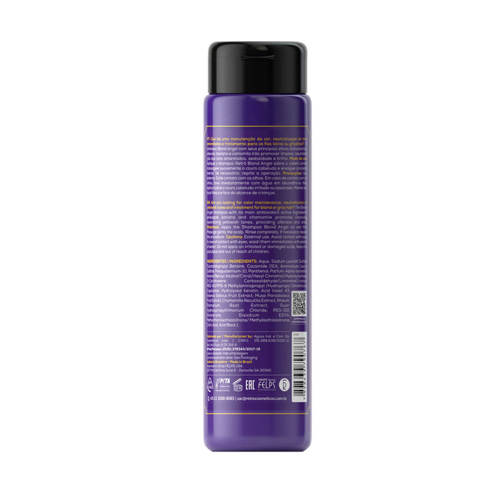 Back label of Retrô Cosméticos Blond Angel Toning Shampoo 300 ml showing directions and full INCI ingredient list – Buy now at MKPBR.COM – Worldwide Shipping