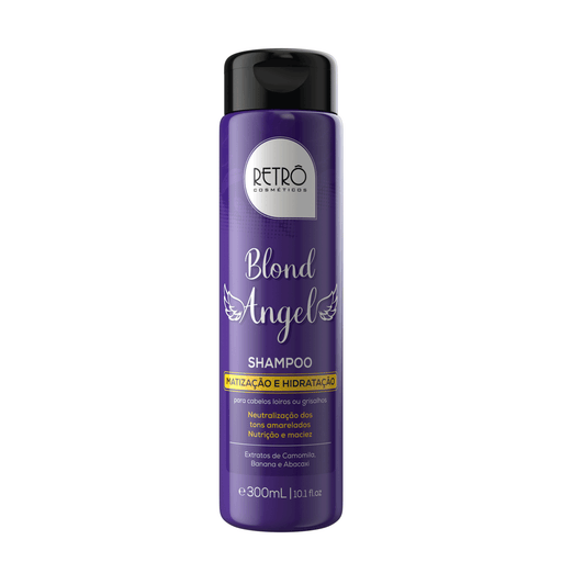Retrô Cosméticos Blond Angel Toning Shampoo 300 ml front of violet bottle with angel wings artwork – Buy now at MKPBR.COM – Worldwide Shipping