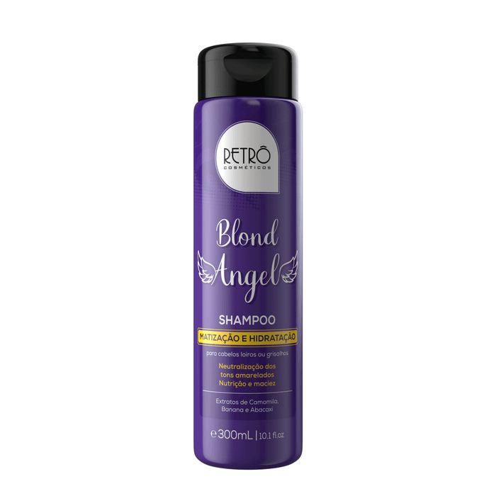 Retrô Cosméticos Blond Angel Toning Shampoo 300 ml front of violet bottle with angel wings artwork – Buy now at MKPBR.COM – Worldwide Shipping