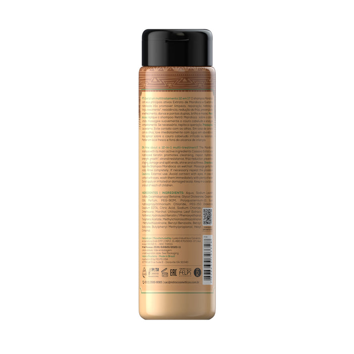 Back label of Retrô Cosméticos Mandioca 12-in-1 Shampoo 300 ml showing directions and full INCI ingredient list – Buy now at MKPBR.COM – Worldwide Shipping