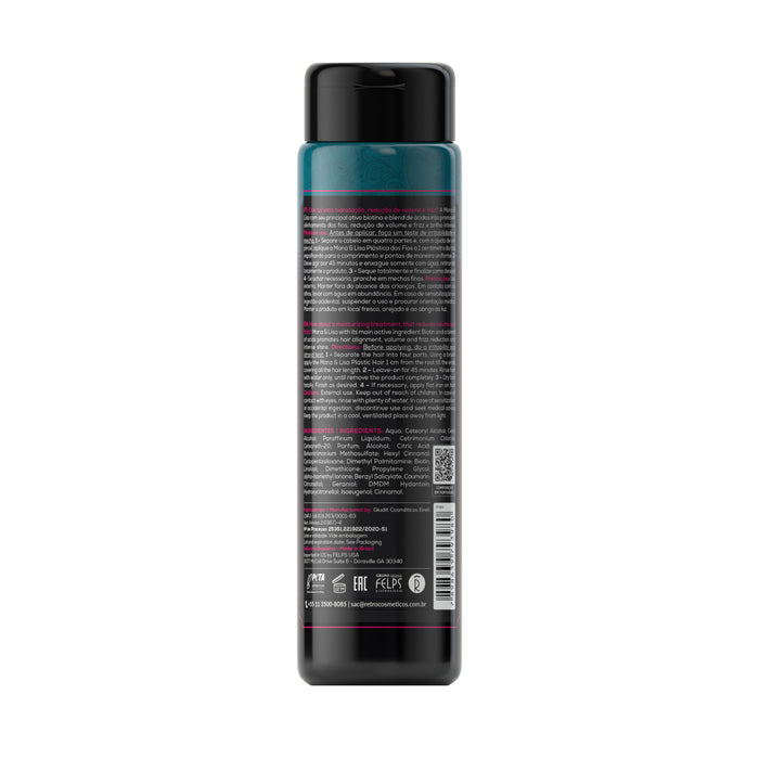 Back label of Retrô Cosméticos Mona & Lisa Progressive Smoothing Treatment 300 ml showing directions and full INCI ingredient list – Buy now at MKPBR.COM – Worldwide Shipping