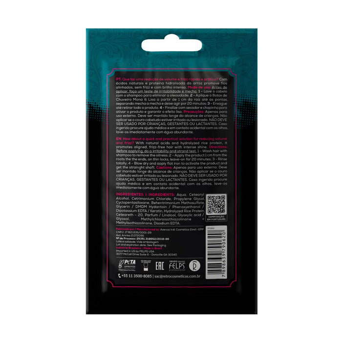 Back label of Retrô Cosméticos Mona & Lisa Shower Botox 50 g sachet showing directions and full INCI ingredient list – Buy now at MKPBR.COM – Worldwide Shipping