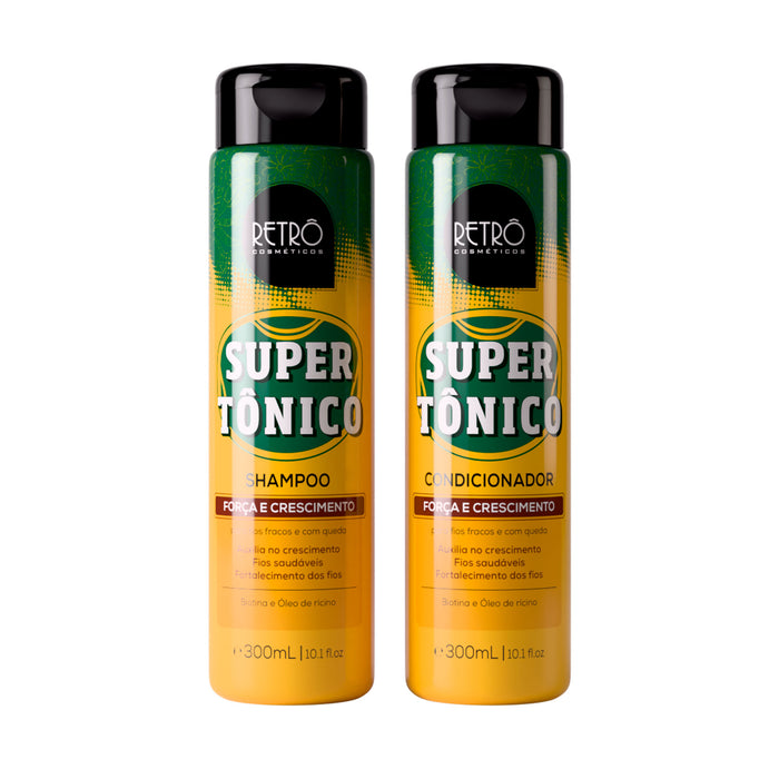 Retrô Cosméticos Super Tônico Strengthening Hair Kit with 300 ml shampoo and 300 ml conditioner side by side – Buy now at MKPBR.COM – Worldwide Shipping