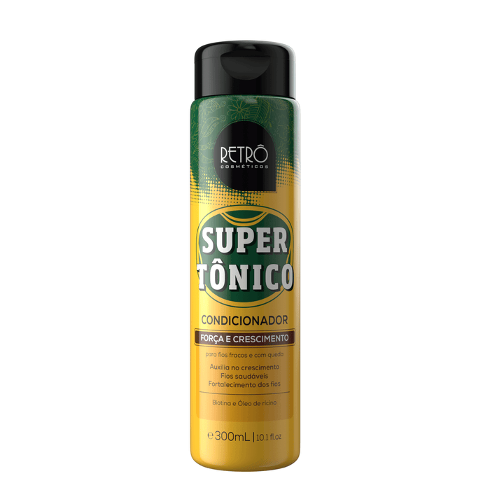 Retrô Cosméticos Super Tônico Strengthening Conditioner 300 ml green and gold bottle front view – Buy now at MKPBR.COM – Worldwide Shipping