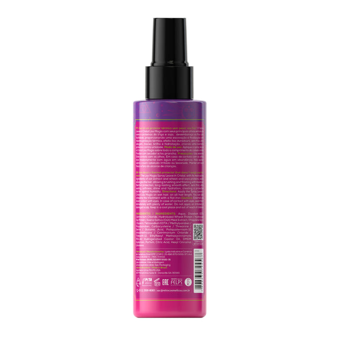 Retrô Cosméticos Liso Magia Cristal Leave-In Spray 120 ml back label with directions and ingredient list – Buy now at MKPBR.COM – Worldwide Shipping