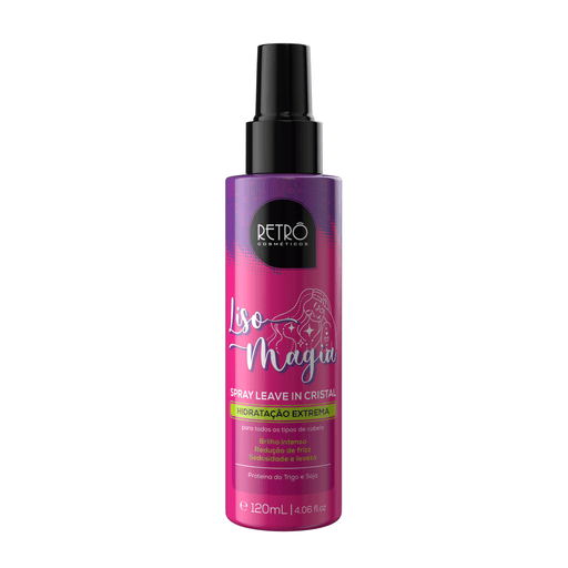 Retrô Cosméticos Liso Magia Cristal Leave-In Spray 120 ml pump bottle, front view – Buy now at MKPBR.COM – Worldwide Shipping